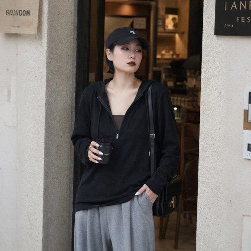大码女装胖mm慵懒风连帽长袖t恤