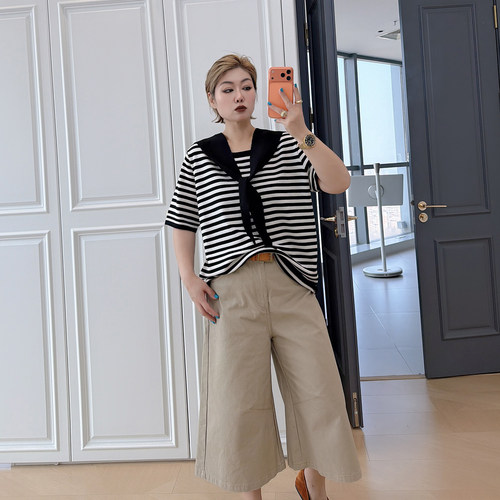 大码女装胖mm披肩条纹短袖t恤