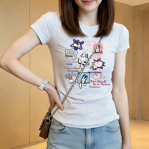 小众美式卡通印花正肩短袖t恤女