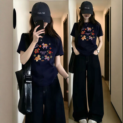 藏青色大码女装胖MM印花短袖t恤