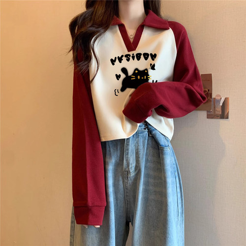 小众polo领短款插肩卫衣女生秋冬