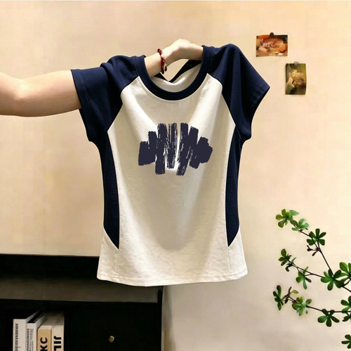 撞色侧边插肩袖圆领短袖t恤女