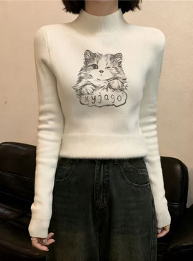 半高领猫咪印花半高领内搭毛衣女