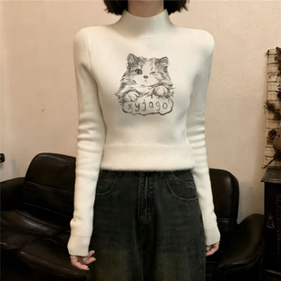 半高领卡通猫咪印花半高领内搭毛衣女冬季加厚保暖一体绒白色上衣