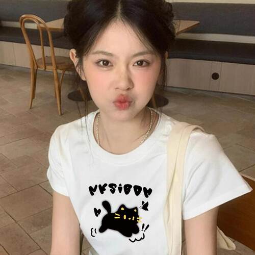 韩系猫咪印花纯棉正肩短袖t恤女