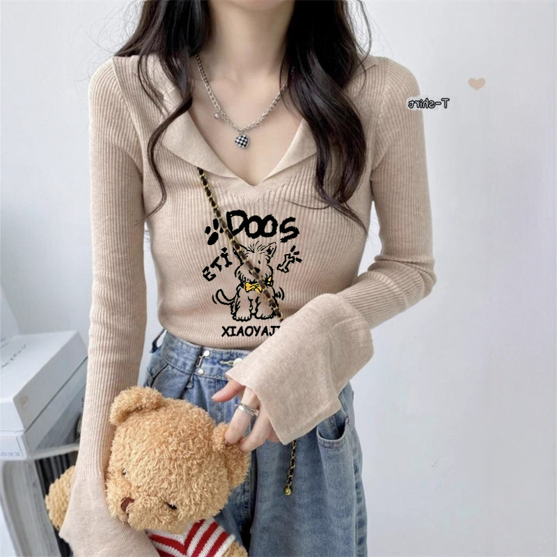 美式复古小狗印花V领长袖t恤女