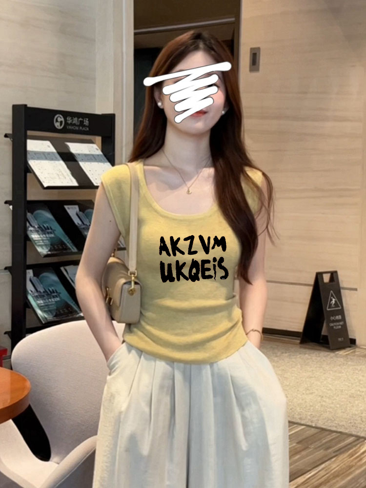 韩系黄色u领无袖短款背心女夏季