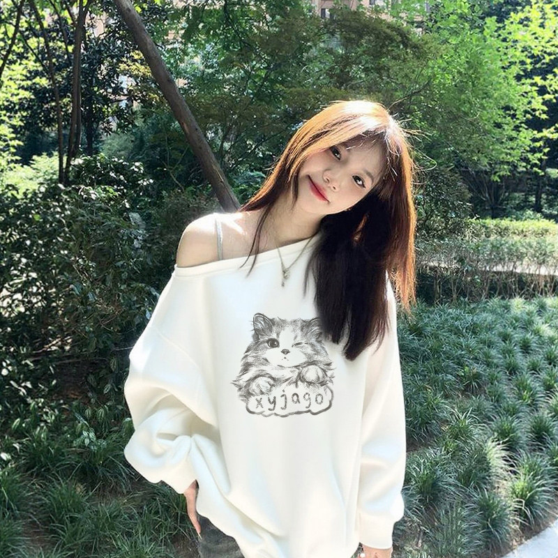 白色斜肩卫衣女秋冬美式慵懒chic