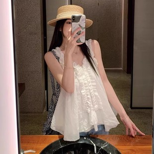 温柔甜美白色木耳花边吊带背心裙女夏季 v领上衣 新款 宽松百搭无袖
