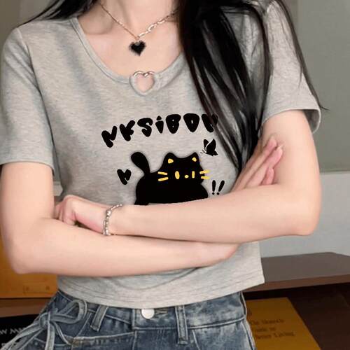 美式辣妹短袖t恤上衣女春夏可爱猫咪印花小个子修身显瘦短款体恤