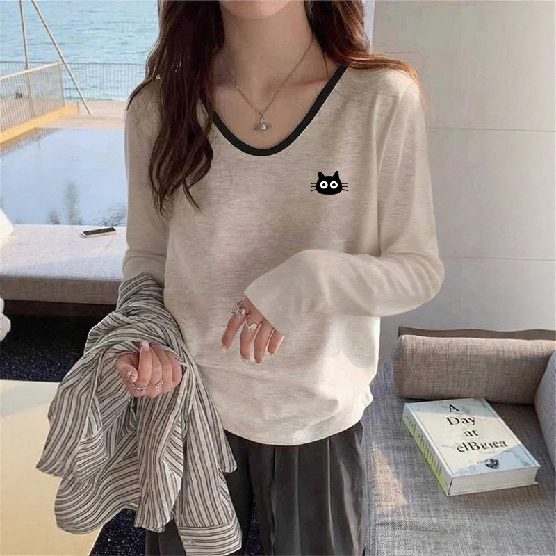 小众拼色v领长袖T恤女2025春秋季