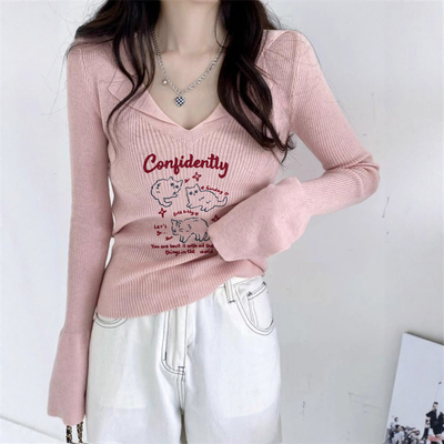 粉色polo翻领坑条针织打底衫女