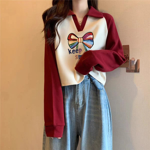 蝴蝶结印花POLO翻领短款长袖卫衣女秋冬加绒加厚宽松休闲拼色上衣