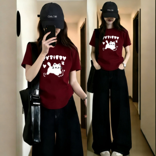 高级感酒红色纯棉印花大码 t恤女夏季 上衣潮 复古正肩圆领短袖 美式