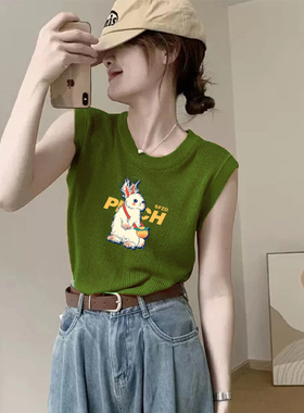 绿色无袖背心女外穿夏季多巴胺穿搭卡通印花复古冰丝针织正肩上衣