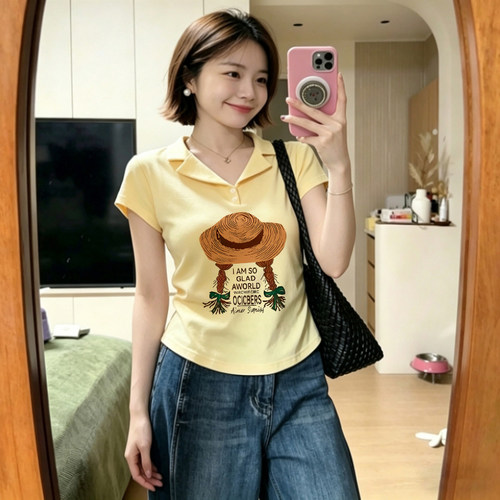 多巴胺黄色卡通印花polo领t恤女