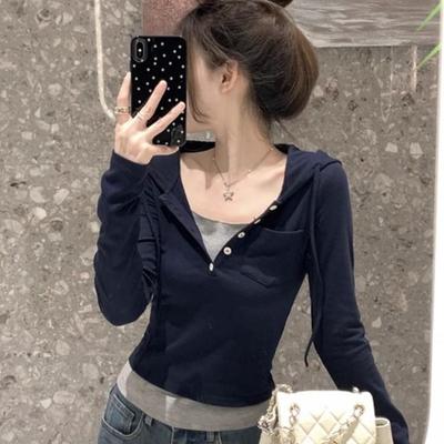 设计感小众假两件修身连帽t恤女
