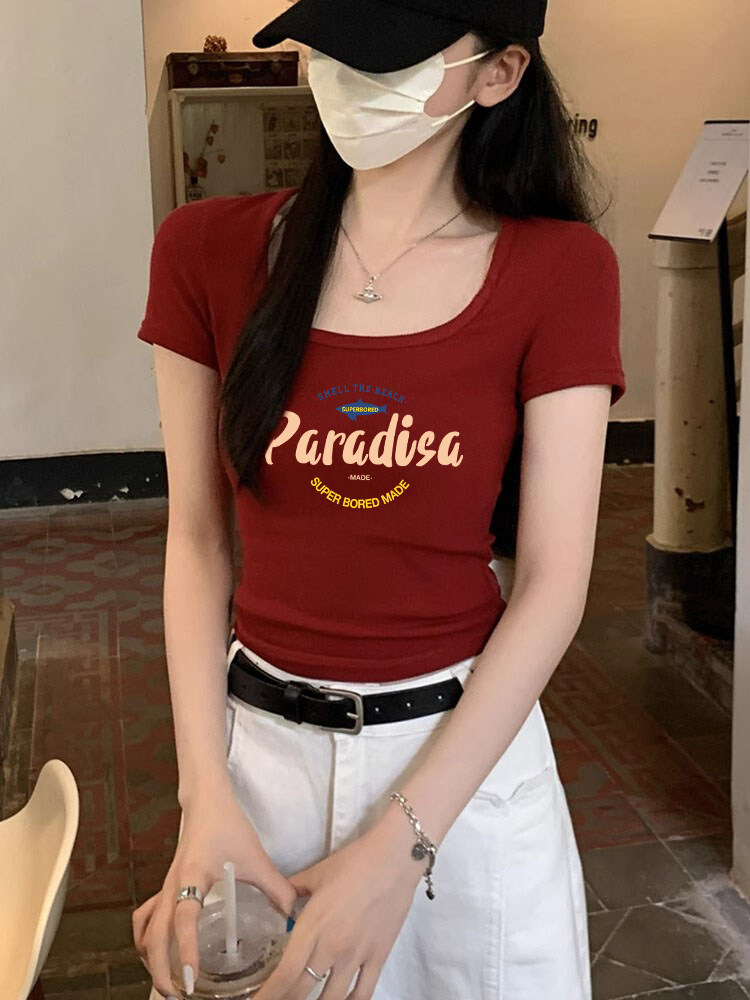 酒红色方领短款t恤女生夏季小个子美式字母印花修身显瘦短袖上衣