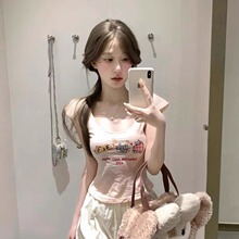 正肩修身显瘦短款上衣女款夏季高级感纯欲小猫印花竹节棉短袖t恤