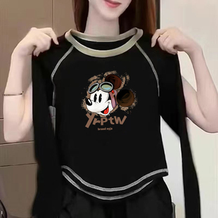 德绒加厚短款打底衫女生秋冬季超好看趣味卡通印花修身t恤上衣ins