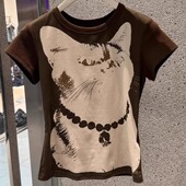 美拉德咖啡色正肩短袖 猫咪印花收腰显瘦独特别致上衣服 T恤女夏季