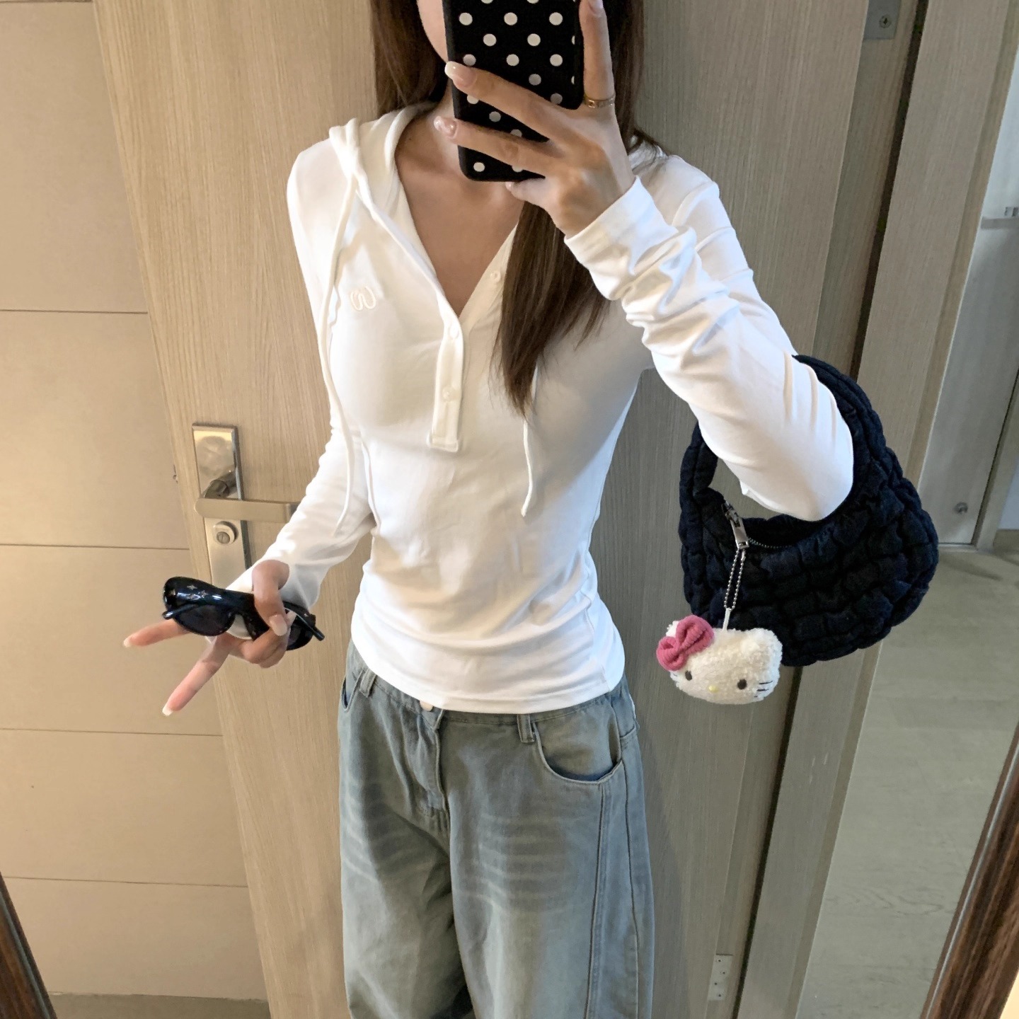 长袖t恤女秋半开领纽扣修身美式