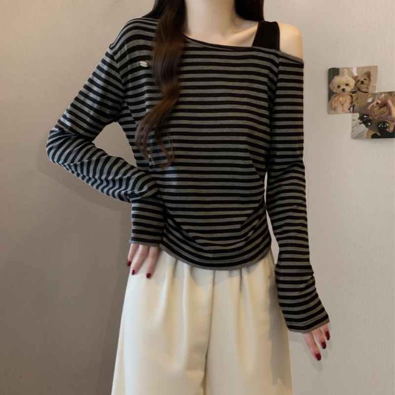 长袖T恤女早秋条纹斜肩韩系修身