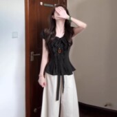 修身 黑色波点小飞袖 掐腰显瘦miu系上衣 女春夏季 2026新款 短袖 衬衫