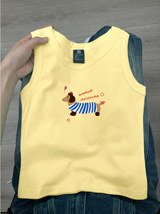 美式甜辣黄色背心吊带女夏季内搭外穿爆款腊肠小狗印花无袖上衣潮