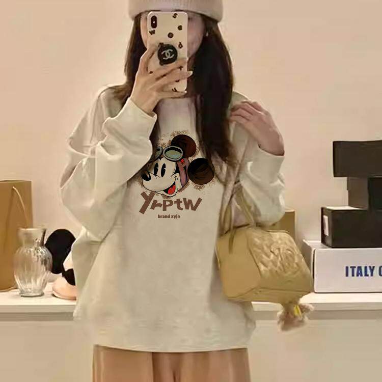 流行宽松休闲卫衣女生美式chic趣味卡通印花圆领加绒加厚外套秋冬