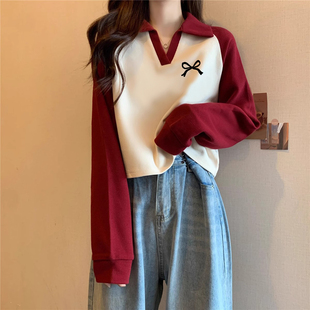 小众宽松短款上衣ins女生秋冬季超火别致polo领撞色拼接长袖卫衣