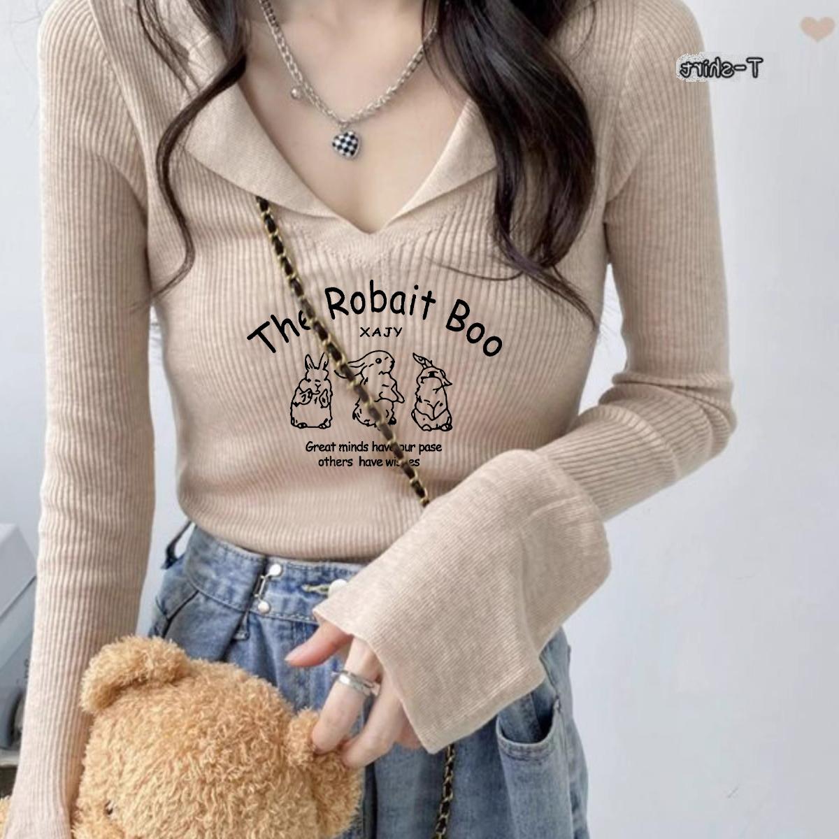 v领修身针织打底衫女秋冬甜辣妹