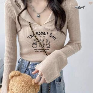 甜辣妹修身 2025秋冬新款 潮流上衣ins女生 针织打底衫 v领燕麦色短款