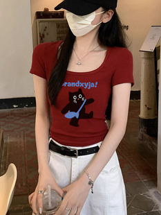 t恤上衣女款 新款 方领短款 2024夏季 超火酒红色甜辣妹修身 显瘦短袖