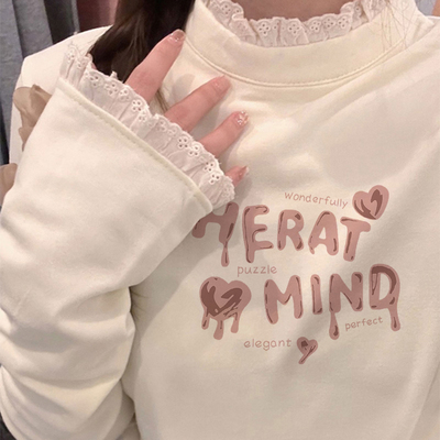 蕾丝花边半高领长袖T恤女秋冬