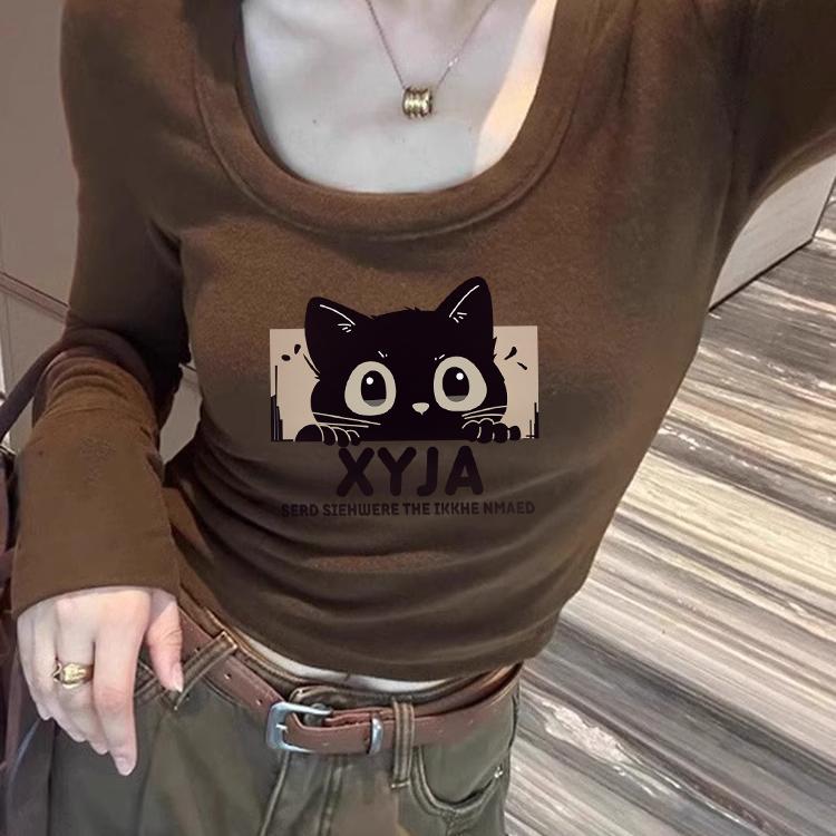 美式修身短款t恤上衣小众咖色复古风方领德绒长袖打底衫女生秋冬