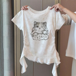 夏季小个子显瘦正肩短袖t恤女装减龄小猫印花修身短款不规则上衣