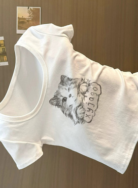 白色猫咪印花正肩u领短袖T恤女夏季小众设计感修身显瘦短款上衣服