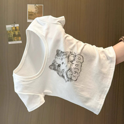 白色猫咪印花正肩u领短袖T恤女夏季小众设计感修身显瘦短款上衣服
