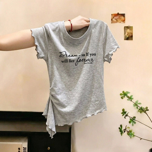 韩系字母印花圆领木耳边T恤女