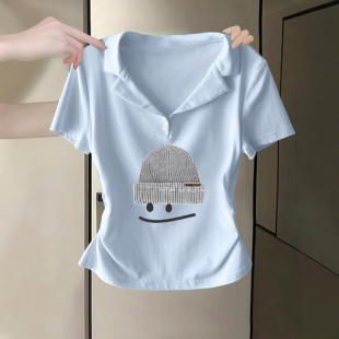 显瘦休闲百搭上衣潮 修身 多巴胺蓝色polo领卡通印花短袖 T恤女夏季