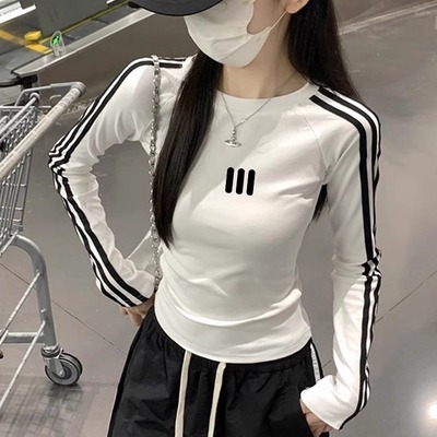 三条杠长袖T恤女秋季掐腰超好看