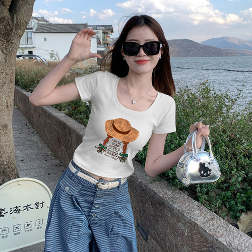 设计感卡通印花u领正肩短袖t恤女