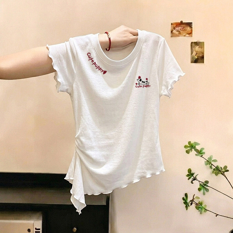 甜美减龄不规则木耳边短袖t恤女图片