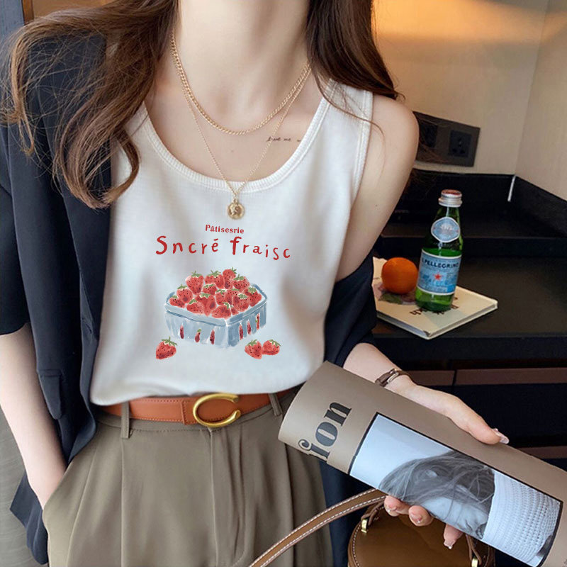 法式别致草莓印花吊带背心女士夏季外穿白色无袖t恤显瘦百搭上衣