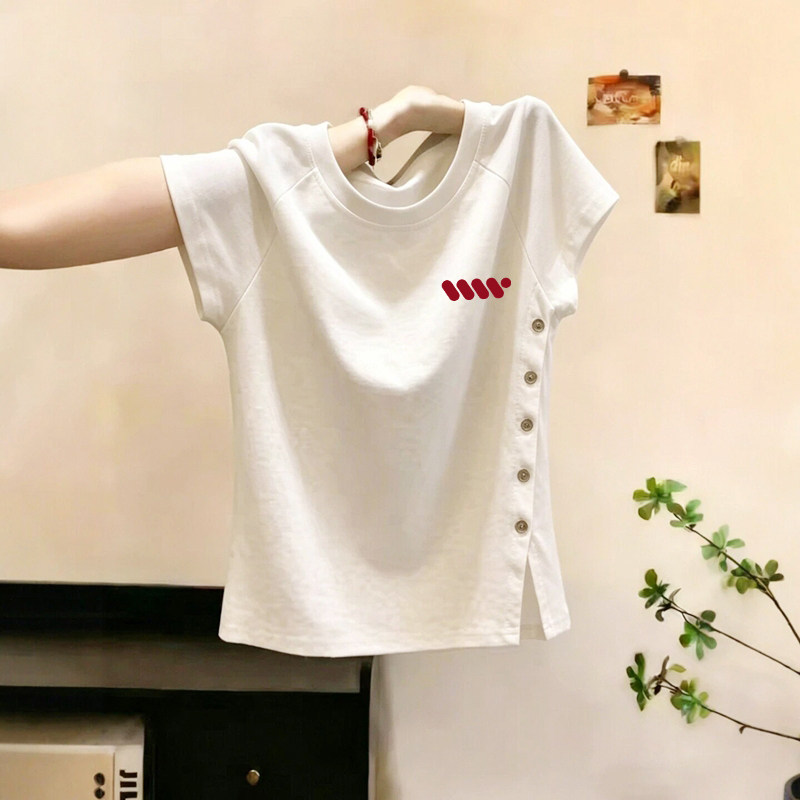 韩版简约白色圆领纽扣开叉正肩短袖T恤女夏季小个子修身显瘦上衣