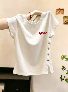 韩版简约白色圆领纽扣开叉正肩短袖T恤女夏季小个子修身显瘦上衣