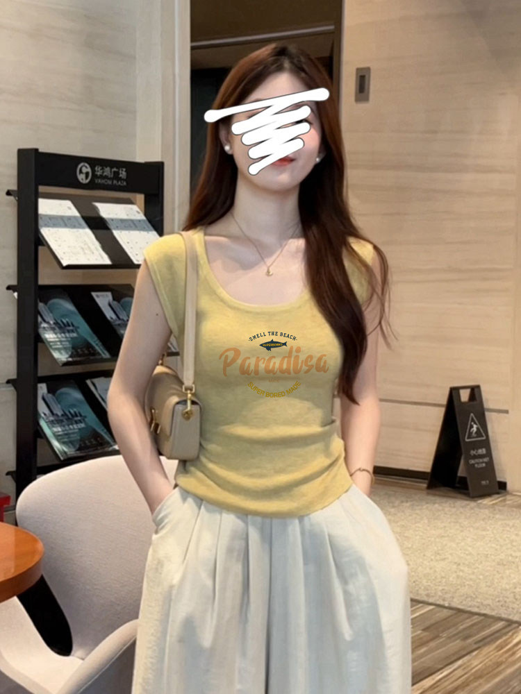 美式字母印花t恤女生夏季时髦u领修身显瘦无袖短款小飞袖坎肩背心