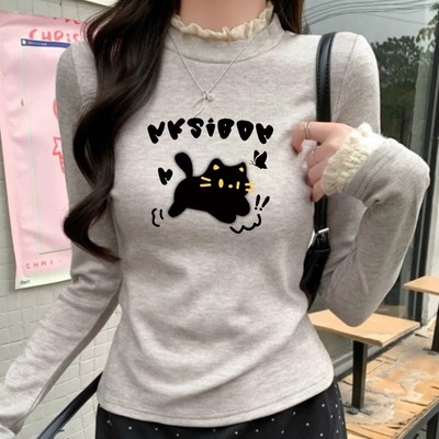 蕾丝拼接半高领加厚长袖T恤女