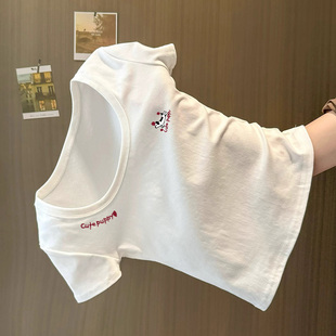 显瘦上衣 小个子收腰修身 甜辣妹白色简约印花U领正肩短袖 T恤女夏季